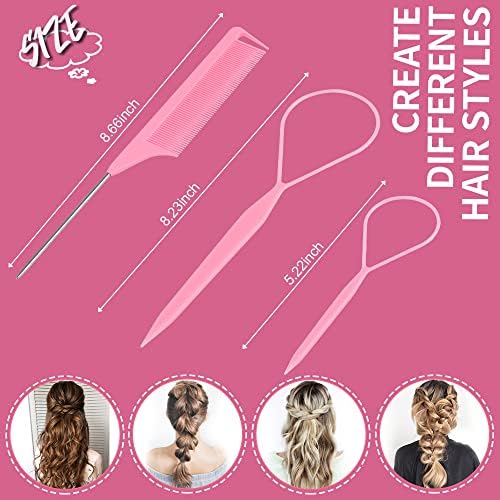 TsMADDTs Hair Styling Tool Set - 3 Pcs French Braid Tool, Rat Tail Comb, and Metal Braiding Pin in Pink - Image 2