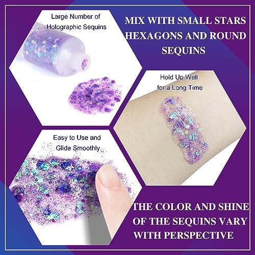 MEICOLY Light Purple Hair Glitter,Game Day Spirit Day Wear Purple Face Glitter,Self-Adhesive Holographic Chameleon Halloween Body Glitter Face Paint,Mermaid Glitter Makeup for Festival - Image 4