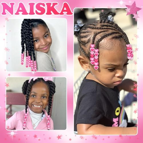 NAISKA 116PCS Pink Beads for Hair 10 Styles Box Braids Beads Hot Pink Pony Bead Lovely Heart Loc Jewelry Cute Braids Accessories for Kids Girls - Image 7