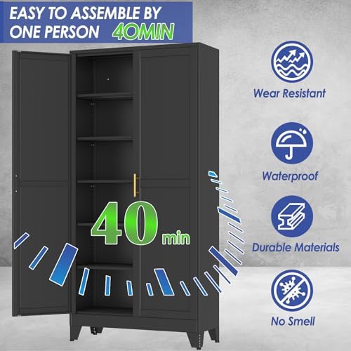 75" Metal Garage Storage Cabinet with 2 Doors and 5 Adjustable Shelves,Metal Storage Cabinets,Steel Tool Cabinets for Home,Office,Garage,Warehouse (Black, 75''H x 36''W x 18''D) - Image 4