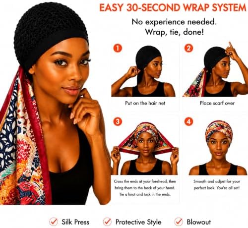 2 in 1 Wrap Cap Hair Net and Scarf for Silk Press, Satin Wrap Cap Bonnet for Women, Adjustable Stay-On Sleep Hair Net Scarf for All Hair Types (Red, One Size) - Image 6