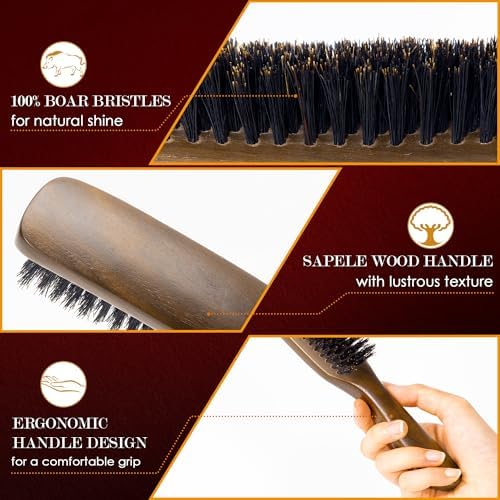 STYLEMATE Retro Black Walnut Boar Bristle Hair Brush for Women Men, Natural Soft Bristle Hair Brush Slick Back Smoothing Hairbrush for Thin & Fine Hair - Image 5