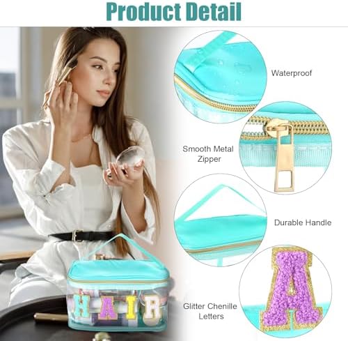 Chenille Letter Clear Makeup Bags Hair Pouch Preppy Patch Makeup Bag Zipper with Handle Transparent PVC Waterproof Glitter Cosmetic Handbag Travel Toiletry Storage for Women Girl Valentine's Day - Image 3