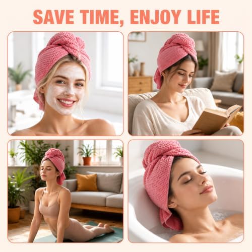 4 Pack Pink Microfiber Hair Turban Wrap for Women, Ultra Soft Quick Absorbing Hair Drying Towel with Elastic Loop, Frizz‑Free Hair Wrap for Long Thick Curly Hair - Image 3