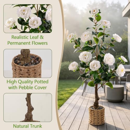 3FT Artificial Camellia Tree, Faux Camellia Plant Outdoor Camellia Flowers Tree Greenery Potted Plant for Living Room Door Patio Deck Yard Décor Outdoor Indoor - Image 3