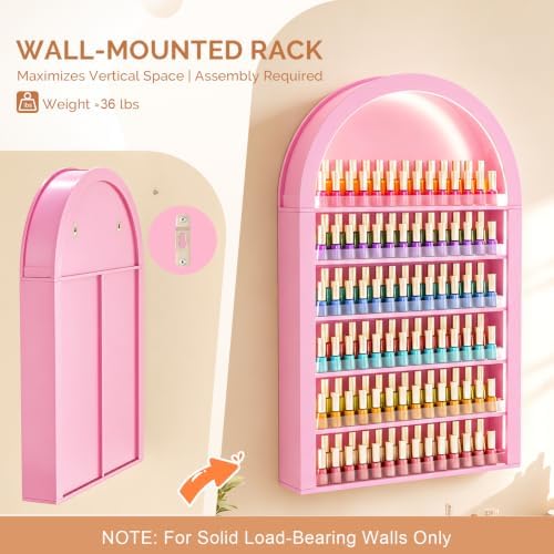OmySalon Nail Polish & Gel Powder Rack With Led Lighting, Pink Wall Shelf - Image 6