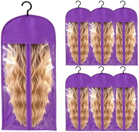6PCS Wig Storage Bags with Hanger,Hair Extension Holder for Multiple Wigs, Dust-proof, Ideal for Hair Extensions & Accessories (Purple) by Unknown