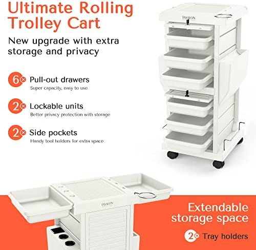 TASALON Lockable 6-Tray Salon Rolling Cart with 2 Holders, White - Image 2