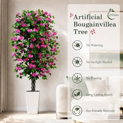 Artificial Bougainvillea Tree 6FT, Fake Tree with Flowers White Planter - Image 4