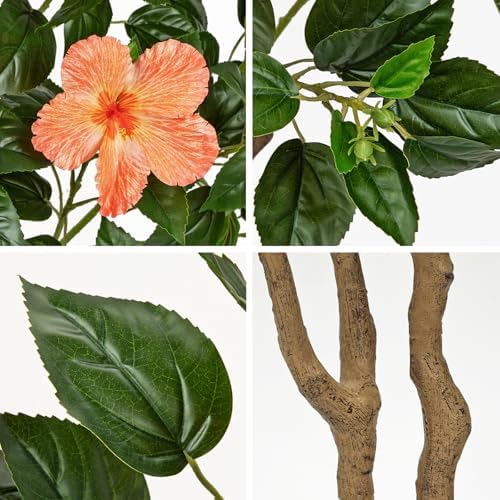 Briful Artificial Hibiscus Tree 5.25ft Tall Real Touch Fake Tree with Orange Flowers Potted Faux Plant Indoor Realistic Floor Plants for Front Porch Outdoor Home, Patio Decor - Image 4