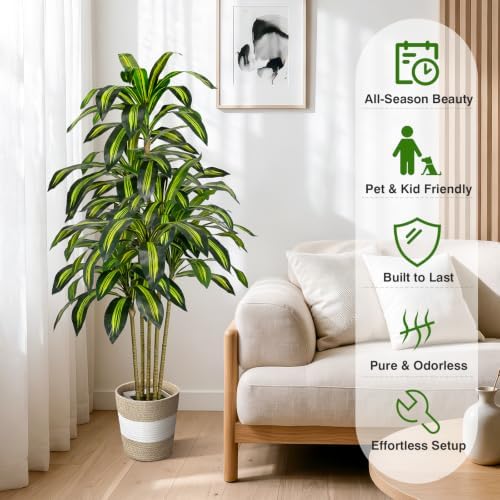 Artificial Dracaena Tree 5FT Tall Fake Plant with Planter&Basket - Image 2