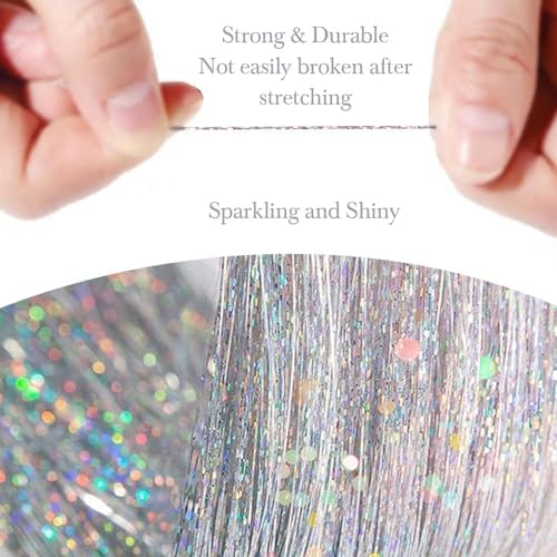 Hair Tinsel 8 Packs 1600 Strands 50 Inch Tinsel Hair Extensions Silver Heat Resistant Glitter Sparkling Shinny Fairy Hair Accessories for Women(Silver, 50Inch 8Packs) - Image 3