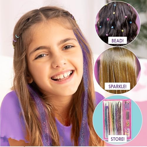 Just My Style Tinsel Hair Stylist Studio, Fairy Hair Tinsel Kit, 9 Colorful Tinsel Strands & Hair Beading Tool, Hair Extensions for Kids, Fun Hair Accessories for Teens, Great Gifts for Preteens - Image 4