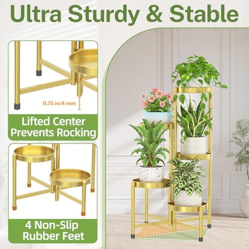 iDavosic.ly Plant Stand Indoor Outdoor, 5 Tier Metal Corner Shelf, Gold - Image 4