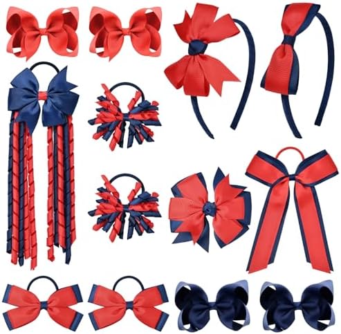 DEEKA Navy Blue & Red School Hair Accessories Set 13 Pcs Uniform Hair Bow Headband Clips Hair Ties Curly Korker Bows for Little Toddler School Girls (Navy Blue&Red) by DEEKA
