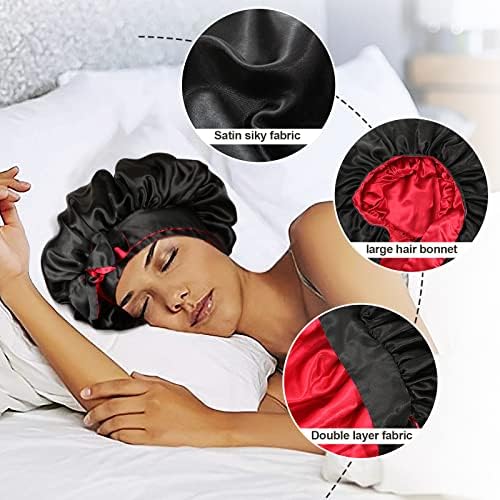 Satin Bonnet Silk Sleep Cap Hair Bonnets for Black Women Stretchy Tie Band for Curly Hair Wrap(Black+Red) - Image 6