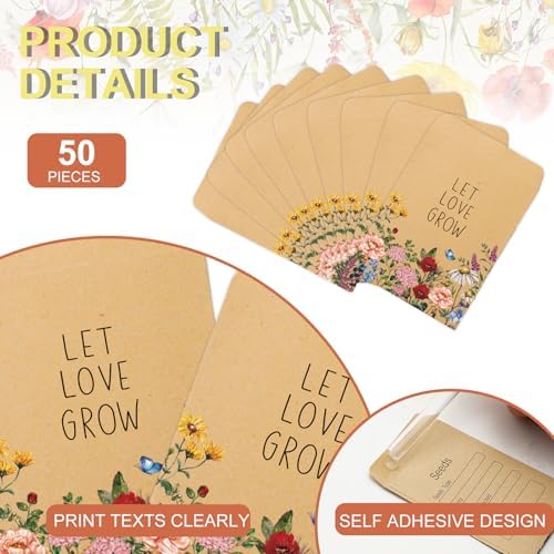 FYSUIMU 50Pcs Wildflower Seed Packets Let Love Grow Self-Adhesive Kraft Envelopes Rustic Floral Seed Storage Pockets for Garden Office Party Favors Supplies, 3.15 x 2.4 Inch - Image 3