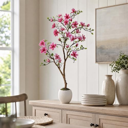 Artificial Magnolia Tree with Soft Pink Blooms, 4FT,Lifelike Faux Magnolia Tree in Pot, Silk Artificial Flowering Tree for Indoor Home Decor, Living Room, Office, Bedroom, Entryway - Image 6