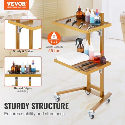 VEVOR Multifunctional 2 Tiers Foldable Medical Trolley Carton Wheels, Gold 2-Level Mobile Storage Tray Cart, Stainless Steel Rolling Lab Cart for Dental Tools, Cavitation Machine, Salon, Lab, Clinic - Image 2