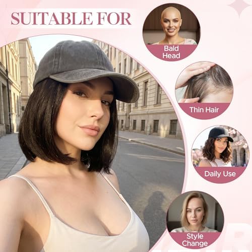 SEGO Unisex Vintage Baseball Cap with Hair Extensions for Women Synthetic Hair Attached Short Straight Hairpiece Dark Gray Baseball Cap Wig Adjustable Hat Wigs for Women 6 Inch 18A Light Blonde - Image 4