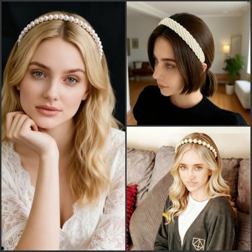 7 Pcs Headbands for Women Girls, Non Slip Cute Pearl Floral Padded Vintage Wide Fashion Multi-style Headbands for Girls - Image 5