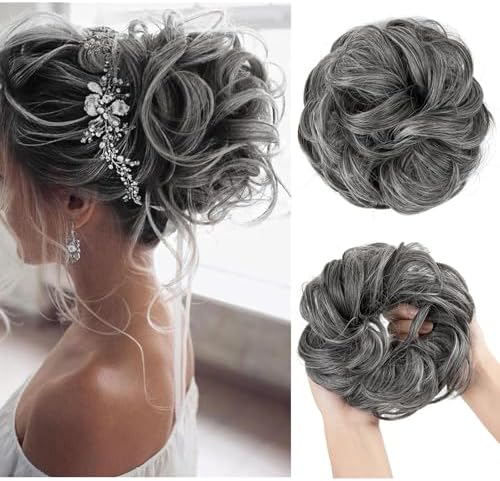 CJL HAIR Large Messy Bun Hair Piece Wavy Curly Scrunchies Synthetic Chignon Ponytail Hair Extensions Thick Updo Hairpieces for Women Steel Grey by CJLHAIR