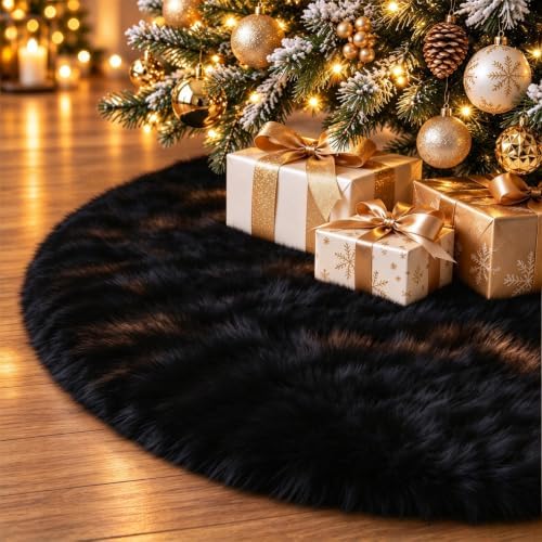 48 Inch Black Christmas Tree Skirt, Soft Faux Wool Tree Base Cover by Unknown