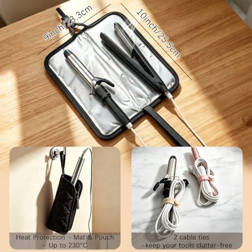Hair Tools Travel Bag 5-Piece Set with Heat Resistant Mat Insulated Pouch and 2 Cord Straps, Large Fabric Organizer for Hot Brush Curling Iron Flat Iron Hair Dryer, Available in Black - Image 6