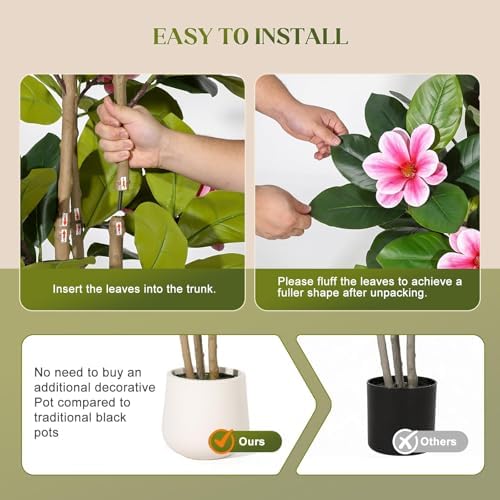 4FT Artificial Fiddle Leaf Fig Tree with Magnolia Flowers, Faux Rubber Tree Floor Plant in White Planter, Realistic Fake Tree for Indoor Home Office Living Room Entryway Decor - Image 3