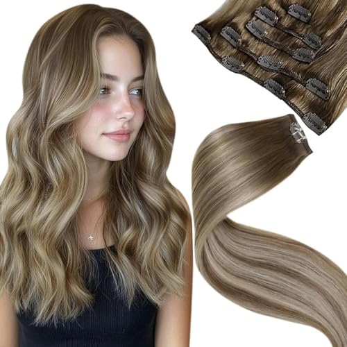 LaaVoo Clip in Hair Extensions Ombre Human Hair, 18inch 5pcs 80g by LaaVoo