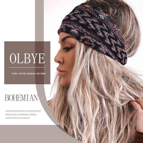 Olbye Wide Boho Headbands Floral Stretch Head Wraps Bohemian African Turban Hairbands Knotted Bandana Headband Yoga Running Head Scarfs Workout Hair Accessories for Women 4Pcs (Boho, 9.4 * 5.9'') - Image 4