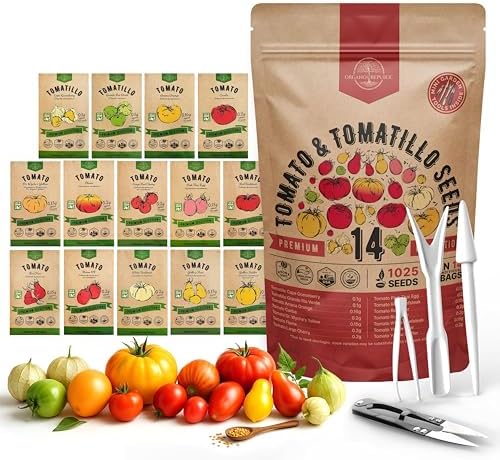 Organo Republic 14 Rare Tomato & Tomatillo Garden Seeds Variety Pack - 1,020+ Non-GMO Heirloom Tomato & Tomatillo Seeds for Outdoors & Indoor Home Gardening by OrganoRepublic