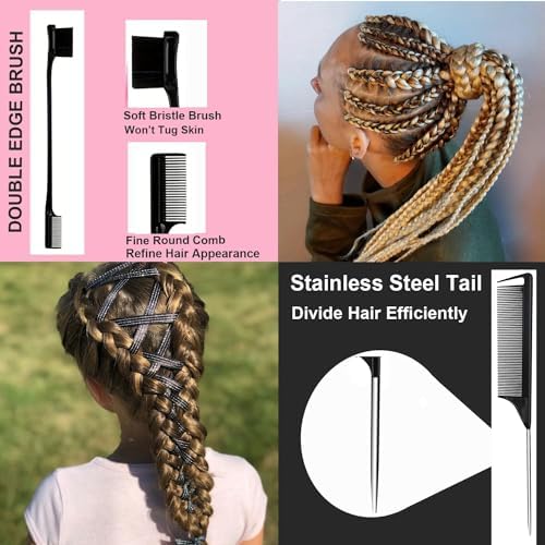 Magnetic Wristband for Hair Stylist, 10 Pieces Hair Braiding Tool with Edge ＆Teasing Brush, Rat Tail Comb ＆Alligator Clip, Braider Wristband for Black Hair, Silicone Sewing Pincushion (Hot Pink) - Image 5
