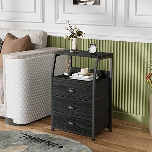Furnulem Black Night Stand, Small Bedside Table for with 3 Fabric Drawers - Image 2
