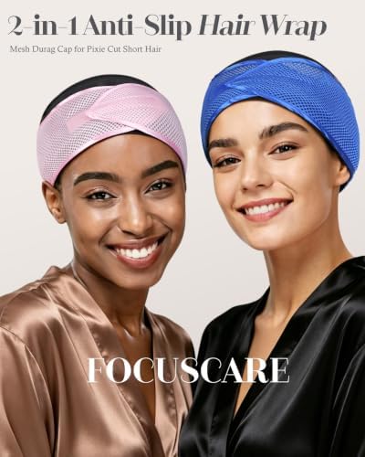 FocusCare 2-in-1 Anti-Slip Hair Wrap for Sleep – Mesh Durag Cap for Pixie Cut Short Hair, Adjustable Hook and Loop Closure - Image 5