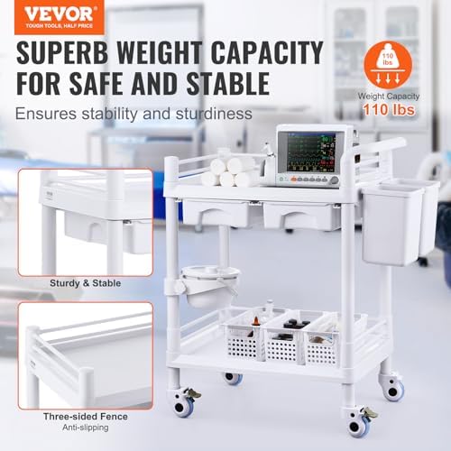 VEVOR Medical Mobile Trolley Cart with 2 Drawers & 3 Trash Cans, 2 Tiers Beauty Salon Rolling Trolley with 4 Silent Wheels & 2 Dirts Bucket & Bowl, Medical Utility Cart for Hospital Dental Clinic Lab - Image 2