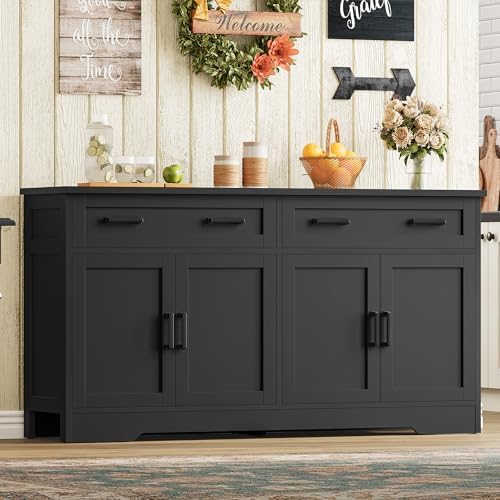 usikey 55" Buffet Cabinet with Storage and Drawers, Large Sideboard Buffet Cabinet with Adjustable Shelves and Doors, Modern Coffee Bar for Kitchen, Living Room, Black by USIKEY