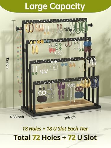 Earring Holder Organizer, 4-Tier Metal Jewelry Display Stand with Wooden Storage Organizer, Large Earring Holder for Studs, Hoops, and Dangles, Modern Jewelry Organizer for Women - Image 2