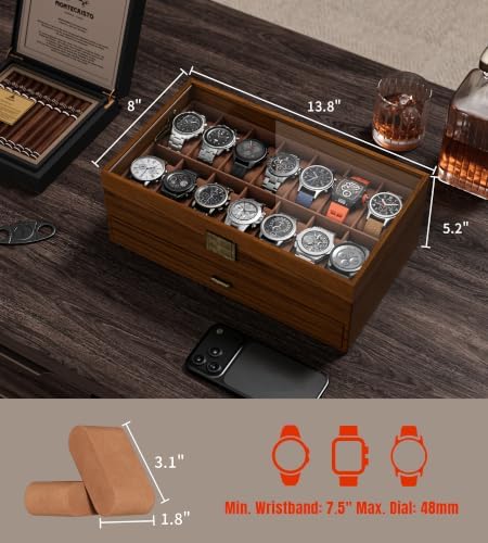 Watch Case Box for Men - Ultra-thin Frame Wide Display 14 Slots 2-Layer Wooden Grain Watch Sunglass Storage Organizer, Real Glass Lid Display Case Gift for Dad Husband - Image 5