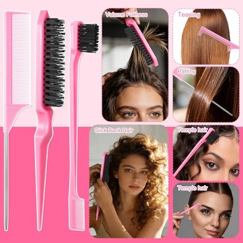 6 Pcs Boar Bristle Slick Back Hair Brush Smoothing Hair Brush for Smooth Frizz Flyaways, Rat Tail Comb Edge Brush Teasing Brush for Men Women - Image 6