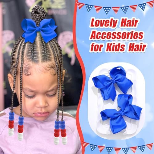 NAISKA 62PCS 4th of July Hair Beads for Braids Festival Hair Bow Clips Red White Blue Loc Beads Ribbon Bow Hair Jewelry Braids Clips with Bow Independence's Day Hair Accessories for Girls - Image 5
