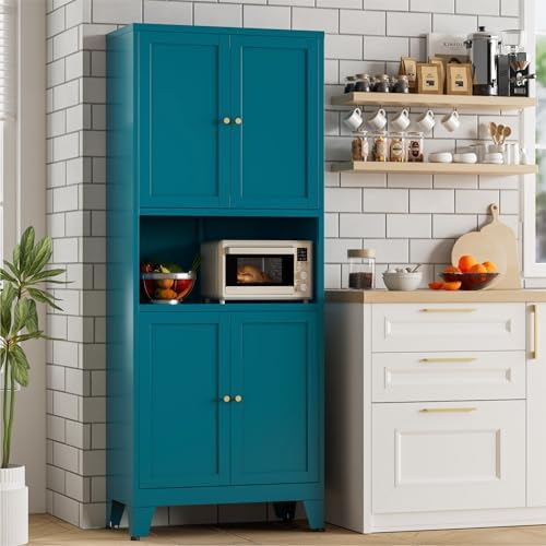 Bevivog Tall Pantry Cabinet with Microwave Shelf, 69" Metal Storage Cabinet with 4 Doors and Adjustable Shelves,Freestanding Metal Kitchen Hutch Cabinet, Blue Pantry Closet Storage Shelves with Doors by BevivogStylishCabinetsOrganizeYourSpace