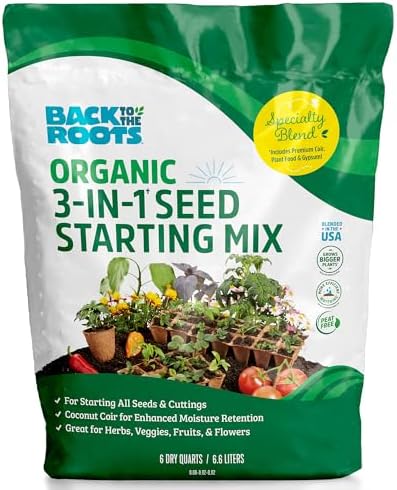 Back to the Roots 3-in-1 Seed Starting Mix 6 Quarts, 100% Organic & USA Made for Herbs, Veggies, Flowers, w/Nutrient Rich Plant Food, Worm-Castings, & Moisture Controlling Yucca Brown by BacktotheRoots