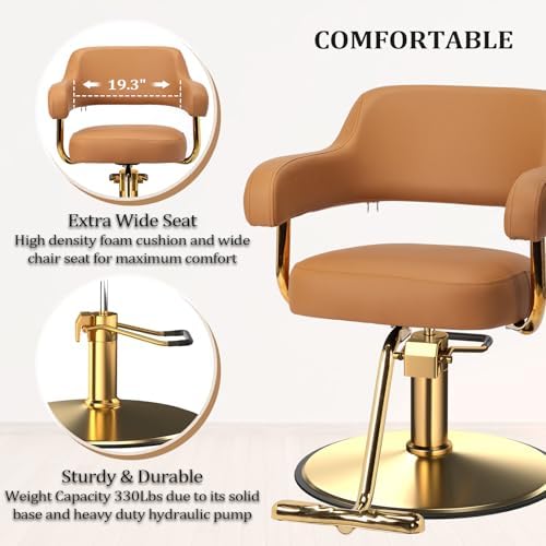 OmySalon Barber Chairs for Barbershop Brown and Gold Styling Chair, Salon Chair for Hair Stylist Heavy Duty Hydraulic Pump, 360°Swivel with Footrest, Hairdressing Home Beauty Spa Braiding Equipment - Image 4
