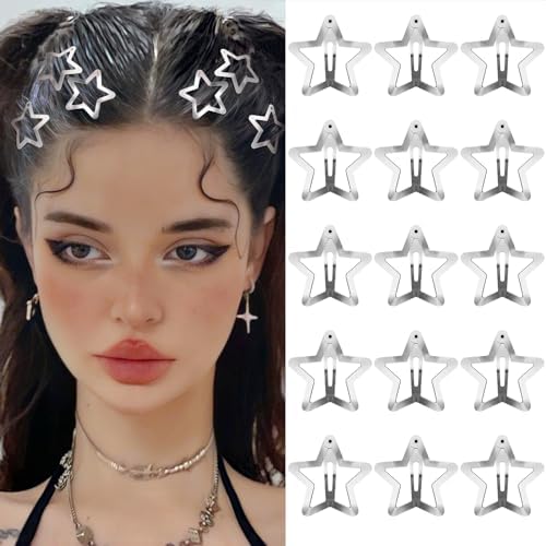 Star Hair Clips 2000s Y2K Snap Hair Barrettes Non Slip Star Hair Accessories Silver Metal Hair Clips for Girls Women -15 PCS 1.57" by SAOROPEB