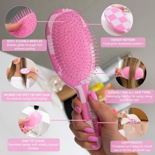 FRAMAR Checkered Hair Brush Detangler, Wet Hair Brushes For Women – Pink - Image 2