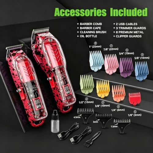 Professional Hair Clippers for Men, Cordless Barber kit for Hair Cutting & Grooming, Hair Clippers and Trimmer Set for Barber Haircut with LED Display, 8 Fade Taper Combs(Red Set) - Image 3