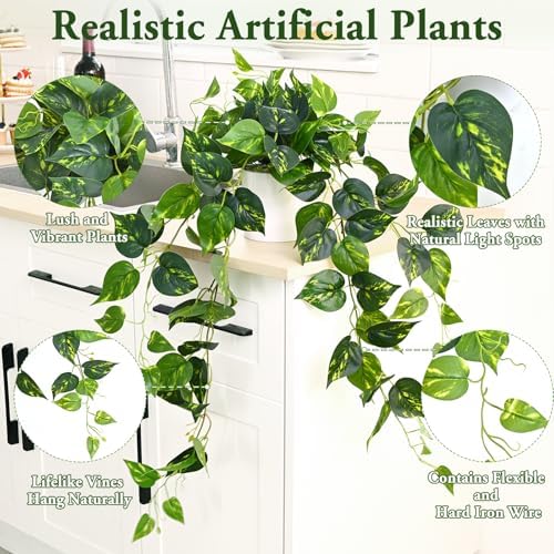 Fake Plants, Artificial Plants Indoor, 34" Fake Hanging Pothos Vines, 2PCS - Image 4