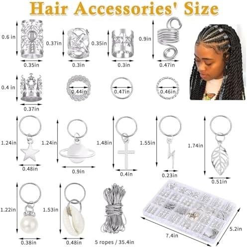 Lucomb 259 Pcs Hair Jewelry, Hair Accessories for Braids Silver Loc Jewelry for Hairs Dreadlocks Braid Jewelrys Hairs Cuffs Clips Dreadlock Accessories for Women's Loc Charms Rings Decoration - Image 2
