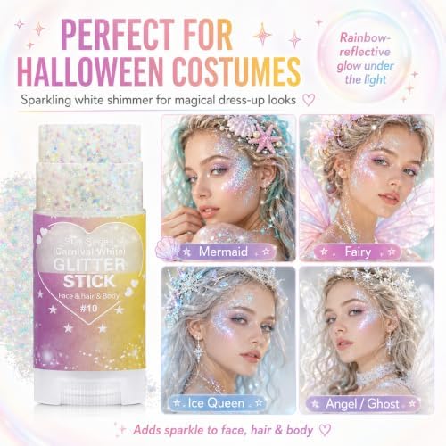 Iridescent White Glitter Stick for Hair Face & Body, Waterproof Chunky Glitter Makeup for Kids and Women, Mermaid Fairy Halloween Costume Outfit Accessories for Festival Rave Concert Carnival Party - Image 3